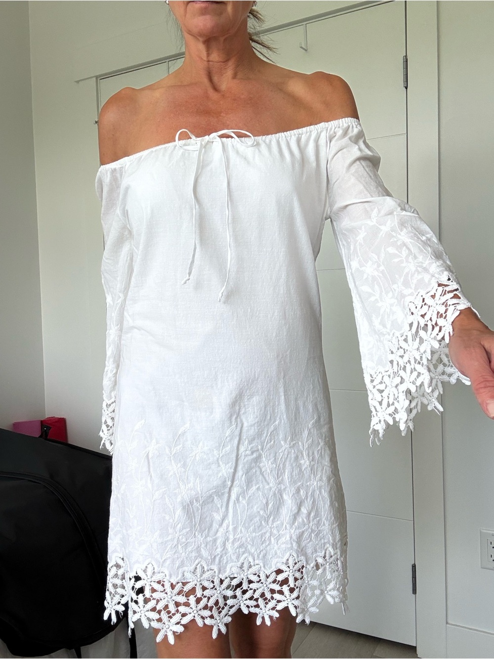 White Embroidered Off-Shoulder Tunic Dress